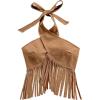 imageOYOANGLE Womens Fringe Criss Cross Sleeveless Halter Top Backless Music Festival Vacation Crop TopsKhaki