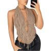 imageOYOANGLE Womens Halter Neck Front Draped Backless Tank Tops Tie Backless Asymmetrical Hem Y2K Crop TopKhaki