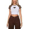imageOYOANGLE Womens Heart Graphic Round Neck Short Sleeve T Shirt Raglan Sleeve Casual Trendy Cropped TeesBrown White