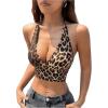 imageOYOANGLE Womens Leopard Print Sleeveless Tie Back Halter Tops Deep V Neck Fitted Crop Cami TopsBrown