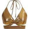imageOYOANGLE Womens Metallic Twist Front Halter Tops Deep V Neck Backless Wrap Crop Cami TopGold