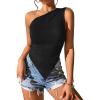 imageOYOANGLE Womens One Shoulder Ruched Top Asymmetrical Hem Sleeveless Slim Fit Solid Tank TopsBlack