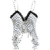 imageOYOANGLE Womens Polka Dots Contrast Lace V Neck Sleeveless Cami Tops Ruffle Trim Tie Front Crop CamisolesBlack and White