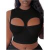 imageOYOANGLE Womens Ribbed Knit Cut Out Tank Top Crew Neck Sleeveless Party Crop TopsBlack