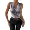 imageOYOANGLE Womens Semi Sheer Surplice Neck Sleeveless Tank Top Slim Fit Wrap Vest TopsBlack