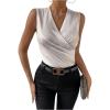 imageOYOANGLE Womens Semi Sheer Surplice Neck Sleeveless Tank Top Slim Fit Wrap Vest TopsWhite