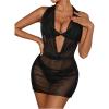 imageOYOANGLE Womens Sheer Mesh Halter Swimsuit Cover Up Dress Draped Front Backless Ruched Bathing Suit CoverupsBlack