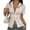 imageOYOANGLE Womens Striped Button Down Blouse Short Sleeve Collared Tops Dressy Casual ShirtMustard Yellow