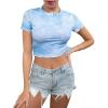 imageOYOANGLE Womens Tie Dye Ruched Drawstring Side Short Sleeve T Shirt Lettuce Trim Button Decor Tee TopsBlue
