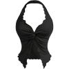 imageOYOANGLE Womens Twist Front Ruched Halter Top Y2K Sleeveless Front Slit Open Back Cropped TopsBlack