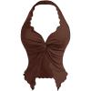imageOYOANGLE Womens Twist Front Ruched Halter Top Y2K Sleeveless Front Slit Open Back Cropped TopsBrown