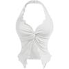imageOYOANGLE Womens Twist Front Ruched Halter Top Y2K Sleeveless Front Slit Open Back Cropped TopsWhite