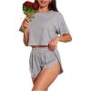 imageOYOANGLE Womens Two Piece Pajama Set Striped Print Crew Neck Short Sleeve Tee and Side Split Shorts SetBlack