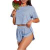 imageOYOANGLE Womens Two Piece Pajama Set Striped Print Crew Neck Short Sleeve Tee and Side Split Shorts SetBlue