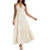 imageOYOANGLE Womens V Neck Tie Backless Halter Dress Ruched Flowy Wedding Vacation Maxi DressesBeige