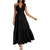 imageOYOANGLE Womens V Neck Tie Backless Halter Dress Ruched Flowy Wedding Vacation Maxi DressesBlack