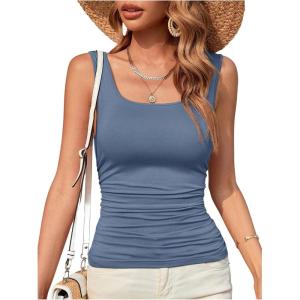 imageOYOANGLE Ruched Tank Tops for Women Casual Going Out Top Summer Sleeveless Basic Fitted Tee ShirtDusty Blue
