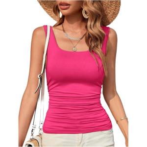 imageOYOANGLE Ruched Tank Tops for Women Casual Going Out Top Summer Sleeveless Basic Fitted Tee ShirtHot Pink
