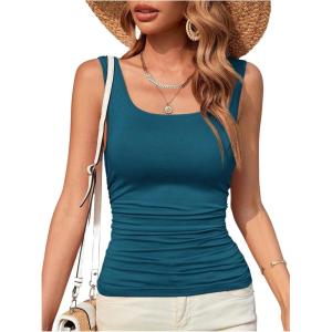 imageOYOANGLE Ruched Tank Tops for Women Casual Going Out Top Summer Sleeveless Basic Fitted Tee ShirtTeal Blue