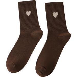 imageOYOANGLE Womens 1 Pairs Casual Heart Print Crew Socks Athletic Ankle Dress SocksCoffee Brown