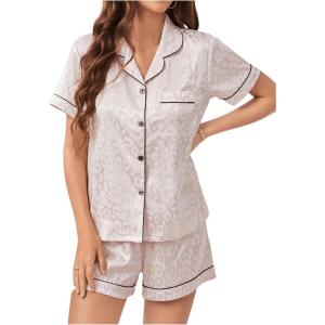 imageOYOANGLE Womens 2 Piece Satin Pajamas Set Leopard Button Shirt Shorts Set LoungewearApricot