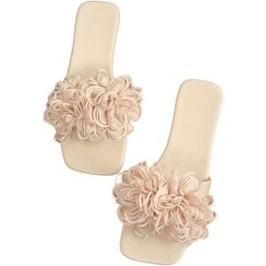 imageOYOANGLE Womens 3D Floral Flat Sandals Square Open Toe PU Leather Slip on SlidesBeige