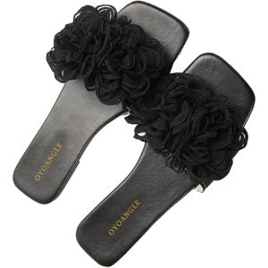 imageOYOANGLE Womens 3D Floral Flat Sandals Square Open Toe PU Leather Slip on SlidesBlack