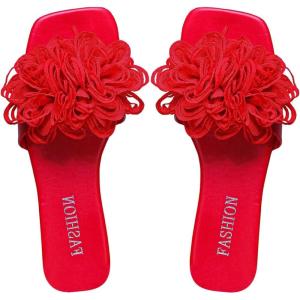 imageOYOANGLE Womens 3D Floral Flat Sandals Square Open Toe PU Leather Slip on SlidesDeep Red