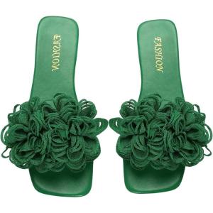 imageOYOANGLE Womens 3D Floral Flat Sandals Square Open Toe PU Leather Slip on SlidesGreen