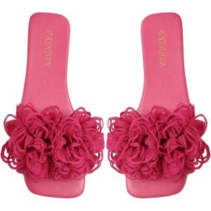 imageOYOANGLE Womens 3D Floral Flat Sandals Square Open Toe PU Leather Slip on SlidesHot Pink