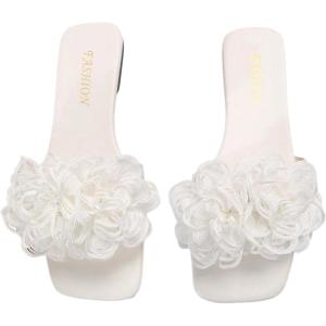 imageOYOANGLE Womens 3D Floral Flat Sandals Square Open Toe PU Leather Slip on SlidesWhite