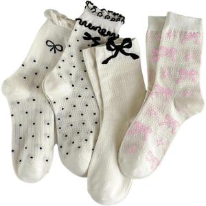 imageOYOANGLE Womens 4 Pairs Polka Dots Bow Print Crew Socks Ruffle Lettuce Trim Ankle Socks Cute Novelty Soft SocksWhite