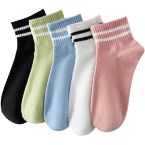 imageOYOANGLE Womens 5 Pairs Striped Athletic Socks Lightweight Soft Ankle Socks Sport Casual Breathable Crew SocksMulticolor