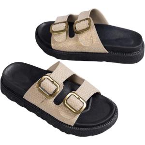 imageOYOANGLE Womens Adjustable Double Buckle Open Toe Footbed Sandals Comfortable Outdoor Platform SandalsBeige