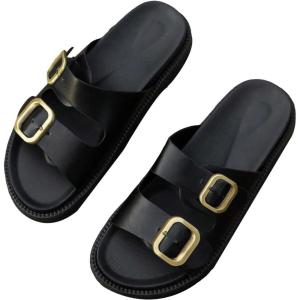 imageOYOANGLE Womens Adjustable Double Buckle Open Toe Footbed Sandals Comfortable Outdoor Platform SandalsBlack