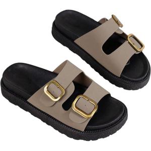 imageOYOANGLE Womens Adjustable Double Buckle Open Toe Footbed Sandals Comfortable Outdoor Platform SandalsDark Grey