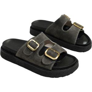 imageOYOANGLE Womens Adjustable Double Buckle Open Toe Footbed Sandals Comfortable Outdoor Platform SandalsGrey Black