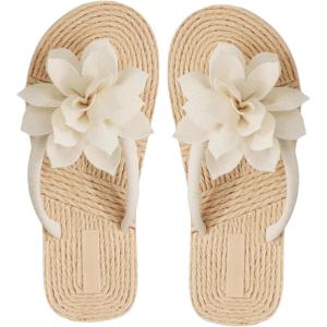 imageOYOANGLE Womens Applique Decor Open Toe Flip Flop Sandals Casual Outdoor Flat SlippersBeige