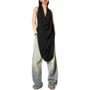 imageOYOANGLE Womens Backless Cowl Neck Sleeveless Tank Top Draped Front Chiffon Trendy TopsBlack