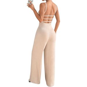 imageOYOANGLE Womens Backless Sleeveless Jumpsuits Wide Leg Rompers Spaghetti Strap Overalls Summer OutfitsApricot