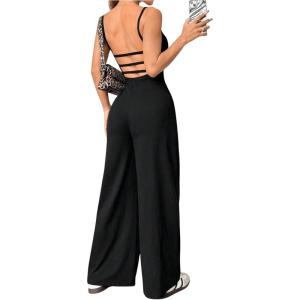 imageOYOANGLE Womens Backless Sleeveless Jumpsuits Wide Leg Rompers Spaghetti Strap Overalls Summer OutfitsBlack