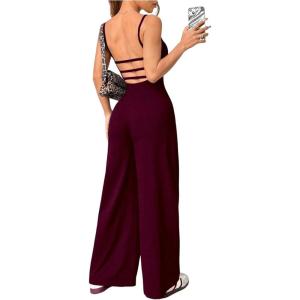 imageOYOANGLE Womens Backless Sleeveless Jumpsuits Wide Leg Rompers Spaghetti Strap Overalls Summer OutfitsBurgundy
