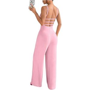 imageOYOANGLE Womens Backless Sleeveless Jumpsuits Wide Leg Rompers Spaghetti Strap Overalls Summer OutfitsPink