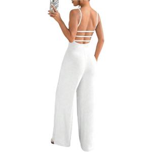 imageOYOANGLE Womens Backless Sleeveless Jumpsuits Wide Leg Rompers Spaghetti Strap Overalls Summer OutfitsWhite