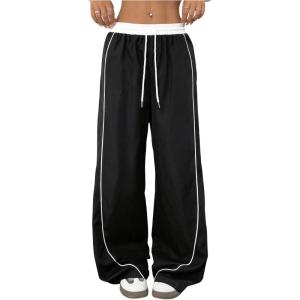 imageOYOANGLE Womens Baggy Track Pants Side Striped Drawstring Waist Y2K Wide Leg SweatpantsBlack