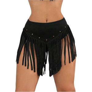 imageOYOANGLE Womens Beaded Fringe Trim Mini Skirt Suede Low Waist Flared Cowgirl Short SkirtsBlack