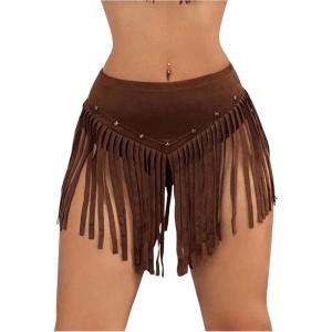 imageOYOANGLE Womens Beaded Fringe Trim Mini Skirt Suede Low Waist Flared Cowgirl Short SkirtsBrown