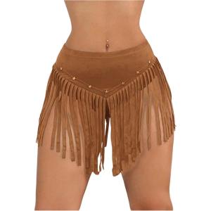 imageOYOANGLE Womens Beaded Fringe Trim Mini Skirt Suede Low Waist Flared Cowgirl Short SkirtsLight Brown