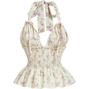 imageOYOANGLE Womens Boho Floral Print Tie Backless Halter Cami Tops Sleeveless Shirred Ruffle Peplum TopBeige
