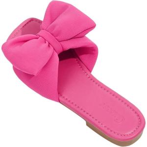 imageOYOANGLE Womens Bow Decor Square Open Toe Flat Sandals Solid Plain Lightweight Soft Slip on Dressy SlidesHot Pink